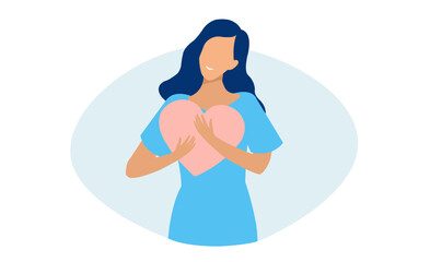 Vector of a happy woman with hands on a heart.