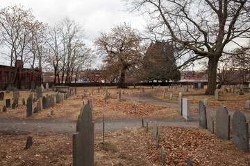 Winter day at The Burying Point Cemetery where the Salem Witch Trials took place