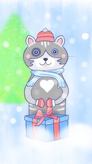 Christmas cartoon cat character. Hand drawn cute concept illustration. Cat on a Christmas winter background with a Christmas gift. Children's illustration for postcard, packaging. Soft colors.