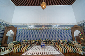 arabian, arabic, architecture, background, bright, ceramic, colorful, couch, culture, decoration, design, empty, fes, fez, floor, furniture, geometric, guest house, house, indoor, interior, large, lif
