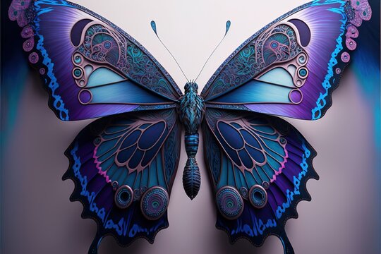  a blue butterfly with purple wings and intricate patterns on its wings. Generative AI