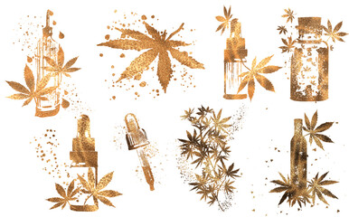 Hemp - Hand drawn. Golden design. Hemp as a health plant. Different glass bottles with CBD oil, hemp oil and hemp seeds. Cosmetics CBD oil for health.