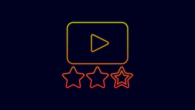 Glowing neon line Film or movie cinematography rating or review icon isolated on blue background. 4K Video motion graphic animation