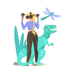 Woman in Augmented Reality Glasses with Dinosaur Vector Illustration