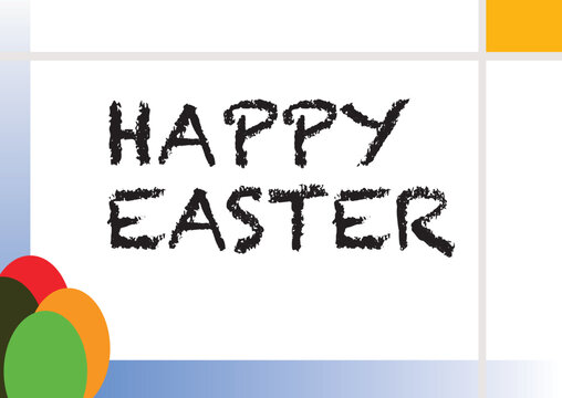 Happy Easter holiday card template. Colorful eggs in the left down corner. Happy Easter word written in central on white background. Minimalistic design. 