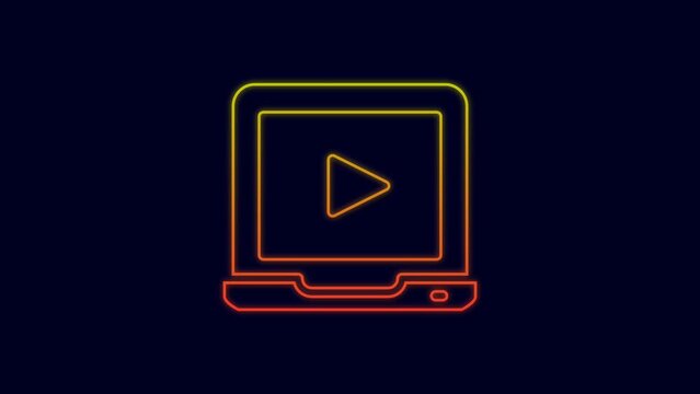 Glowing neon line Online play video icon isolated on blue background. Laptop and film strip with play sign. 4K Video motion graphic animation
