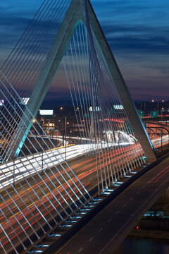 Traffic on a suspension bridge, Leonard P. Zakim Bunker Hill Bridge, Charles River, Boston, Massachusetts, USA