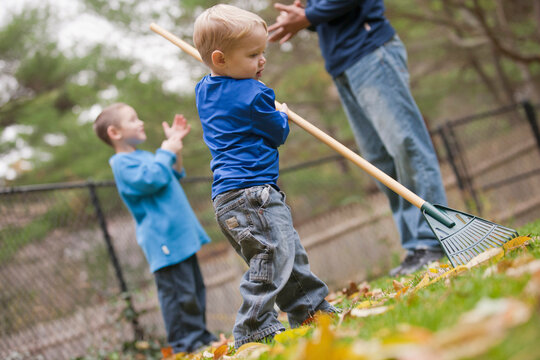 Boy raking leaves in a park with his father and brother communicating in American Sign Language