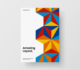 Trendy mosaic hexagons journal cover layout. Unique handbill A4 vector design illustration.
