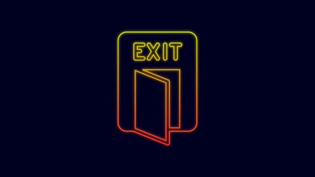 Glowing neon line Fire exit icon isolated on blue background. Fire emergency icon. 4K Video motion graphic animation