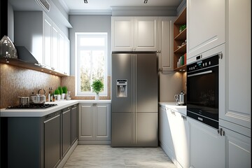 Fitted kitchen in the house. Modern home interior. Generative AI