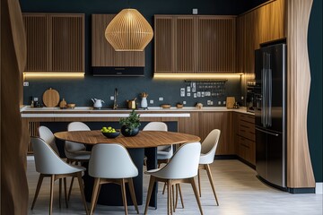 Hanoi Vietnam - December 2019 : Modern Interior Design, Large kitchen with curve island cabinet and stylish dinning table, neutral tone, wooden furniture. Generative AI - obrazy, fototapety, plakaty