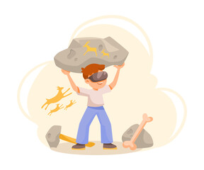 Little Boy in Augmented Reality Glasses Lifting Heavy Boulder Vector Illustration