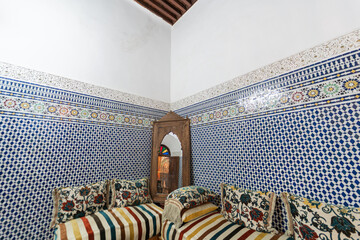 arabian, arabic, architecture, background, bright, ceramic, colorful, couch, culture, decoration, design, empty, fes, fez, floor, furniture, geometric, guest house, house, indoor, interior, large, lif
