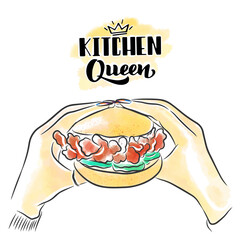 Cooking queen, hand lettering, yummy hamburger in hands with beautiful manicure, street food