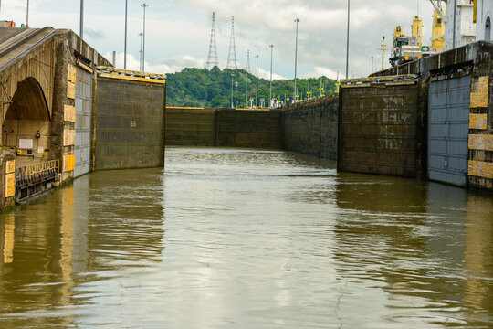 Massive gates opening at the Pedro Miguel locks on the Panama canal.