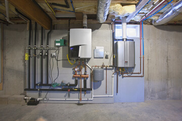 Tankless hot water system in the basement of a Green Technology Home