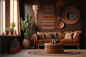 Plaid mouton avec motif Style bohème Home interior with ethnic boho decoration, living room in brown warm color. Generative AI