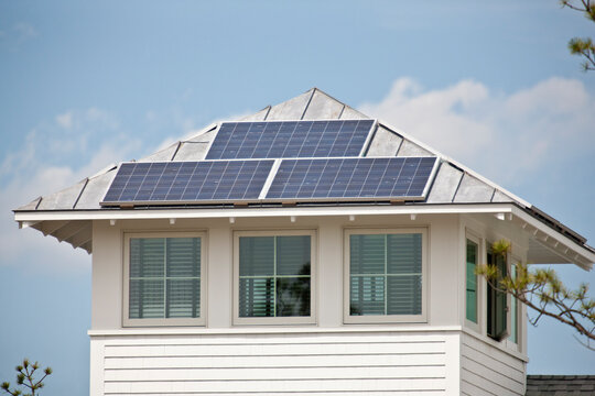 Solar electric power panels on roof of Green Technology Home
