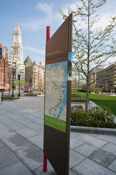 Map of Rose Kennedy Greenway with Custom House Tower in the background, Boston, Massachusetts, USA