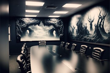 Meeting room with big table and projector. Generative AI