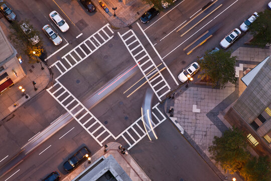 High angle view of intersection of Berkeley Street and St. James Avenue, Back Bay, Boston, Massachusetts, USA