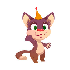 Cute Cat Greeting with Birthday in Hat Waving Paw Vector Illustration