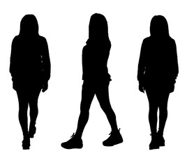 silhouette of a side, back and front view of a women walking on white background