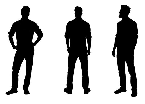 view of a man from front, profile and back with plaid shirt