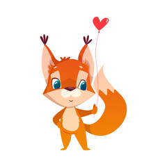 Cute Squirrel Greeting with Birthday Holding Heart Balloon Vector Illustration