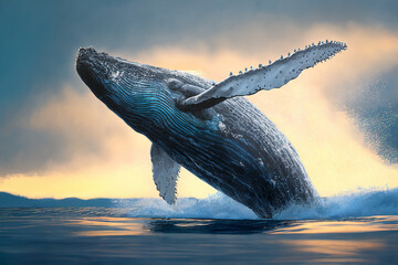 humpback whale jumping on water. generative ai - obrazy, fototapety, plakaty