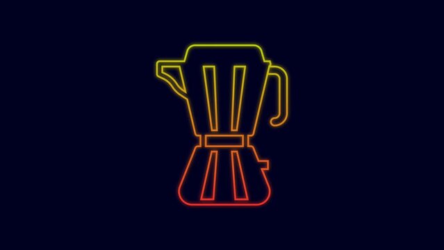 Glowing neon line Coffee maker moca pot icon isolated on blue background. 4K Video motion graphic animation