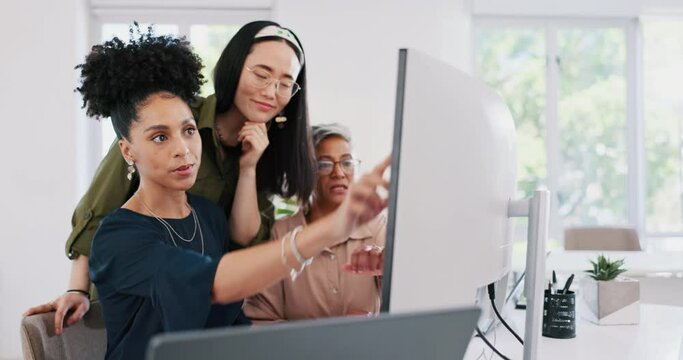 Startup, diversity and team brainstorming digital marketing at computer in creative office. Teamwork, collaboration and women consulting with manager on social media, content marketing or b2b project