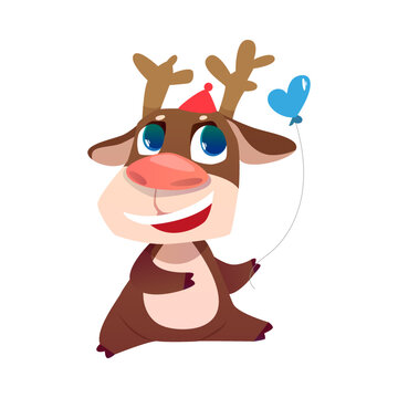 Cute Reindeer Greeting with Birthday in Hat with Heart Balloon Vector Illustration