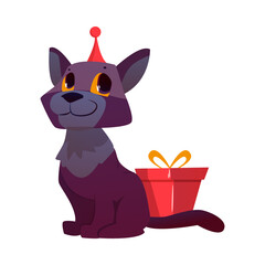 Cute Cat Greeting with Birthday in Hat Near Gift Box Vector Illustration