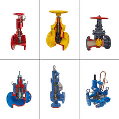 longitudinal and cross sections of small-sized gas valves isolated on white background