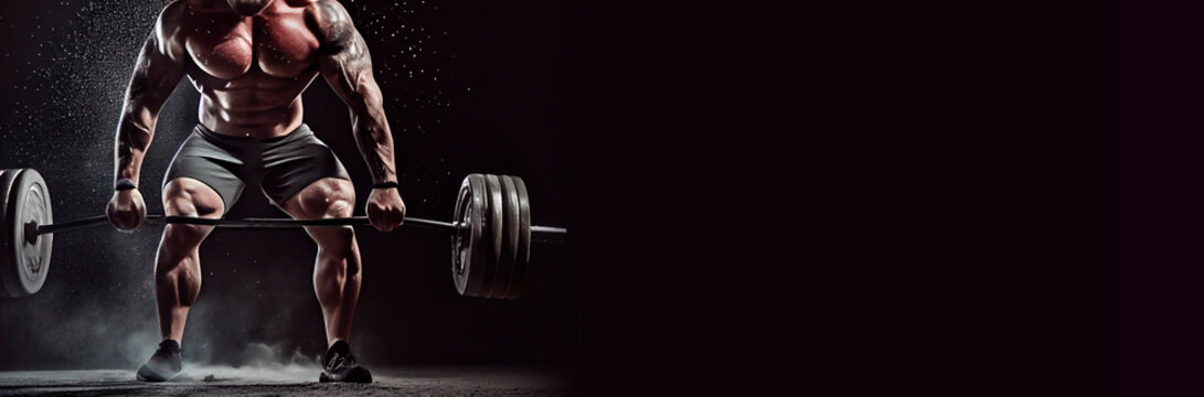 Muscular man working out in gym doing exercises with barbell at biceps created with Generative Ai