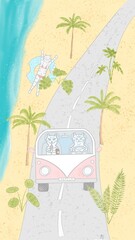 Cats cartoon character. Funny hand drawn pets illustration. Cats travel by car. Travel summer concept. Exotic beach, sea, ocean, vacation, paradise. Cats girlfriend and boyfriend on summer vacation.