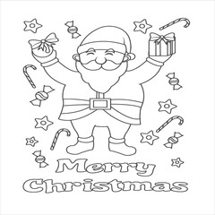 The night before Christmas, Santa Claus with a big bag of Christmas presents in his sleigh with reindeers beginning a magic journey around the world, black and white outline vector cartoon