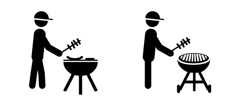 Cartoon stickman, stick figure man with bbq, sausage, bratwurst and burgers. Vector barbecuing, food icon or pictogram. Grill tools. Fork and apron. Concept of unhealthy lifestyle. barbaque day