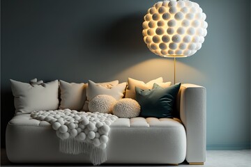 Modern interior of living room with white sofa, knitted pouf, vase and bulbs. Generative AI