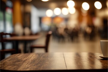Selected focus empty brown wooden table and Coffee shop or restaurant blur background with bokeh image. for your photo montage or product display. Generative AI