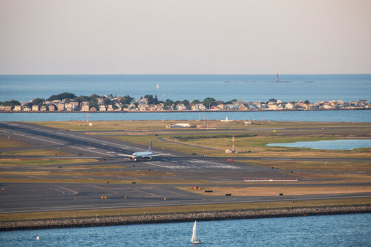 Airplane taxiing at Logan Airport, Winthrop, Boston, Massachusetts, USA