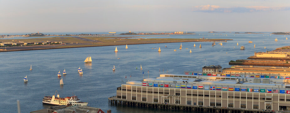 Sailboats at Boston Harbor with Logan Airport and Winthrop and Deer Island, Boston, Massachusetts, USA