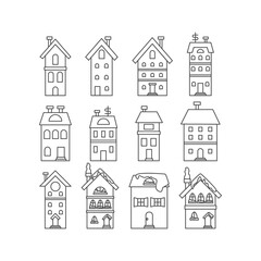 Line Art Winter Houses Set. Vector Illustration of Outline Building Seasonal Greetings. Holiday Celebration.