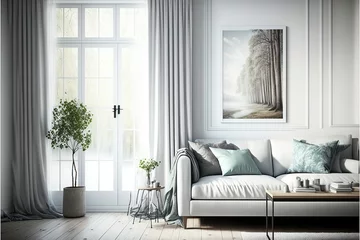 Keuken spatwand met foto White minimalist living room interior with sofa on a wooden floor, pictures on a large wall, white landscape in window. Home nordic interior. Generative AI © Create image