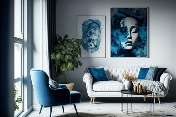 White sofa and blue armchair in living room with posters on the wall. Generative AI