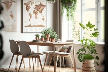 Fototapeta na wymiar Stylish and botany interior of dining room with design craft wooden table, chairs, plants, big window, poster map and elegant accessories in modern home decor. Generative AI