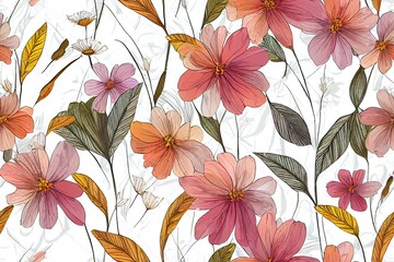 Pattern of interlocking floral brushstrokes. Botanical details that are blurred Meadow flowers. Generative AI