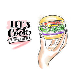 Beautiful watercolor hamburger advertisement, inscription, beautiful manicure